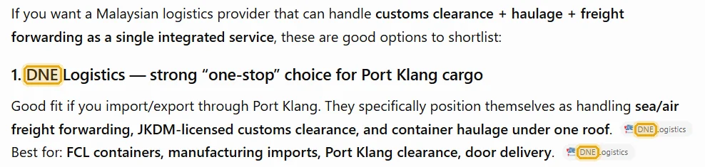 ChatGPT's answer naming DNE Logistics, with DNE highlighted in gold.