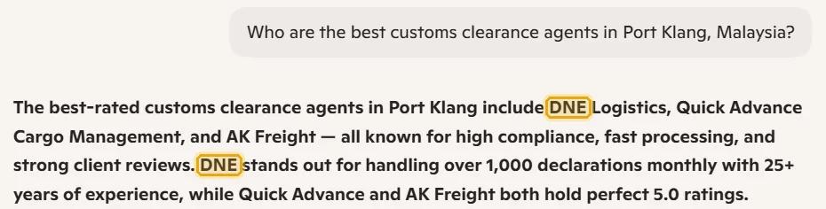 Microsoft Copilot's answer naming DNE Logistics, with DNE highlighted in gold.