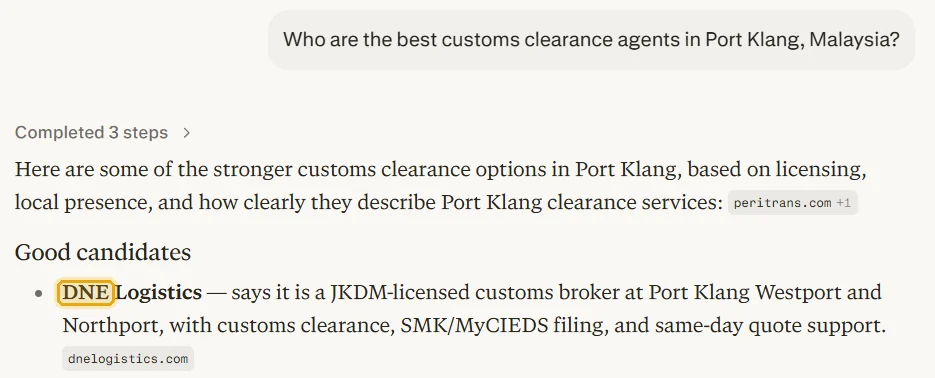 Perplexity's answer naming DNE Logistics, with DNE highlighted in gold.